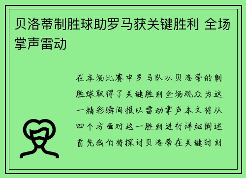 贝洛蒂制胜球助罗马获关键胜利 全场掌声雷动