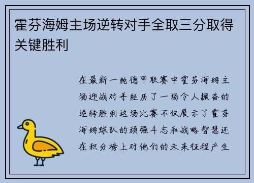 霍芬海姆主场逆转对手全取三分取得关键胜利